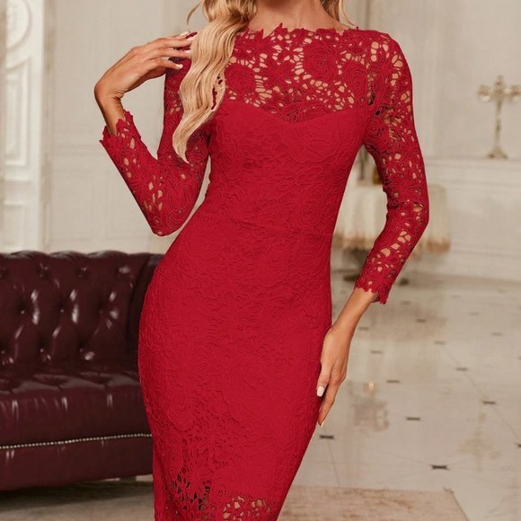 . Dresses & Skirts - Red Preppy Womens Guipure Lace Overlay Bodycon Dress